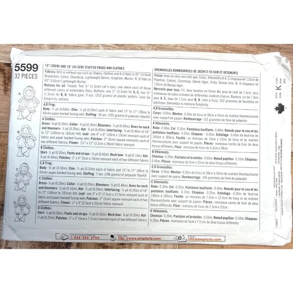 Simplicity 5599 One-Size Craft Pattern For 15" Country Rag Dolls & Clothes - Picture 2 of 2